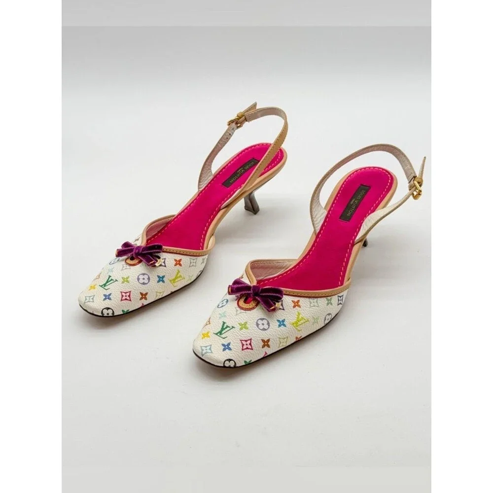 Louis Vuitton Takashi Murakami Vintage White Monogram Slingback Heels EU 38 US 8